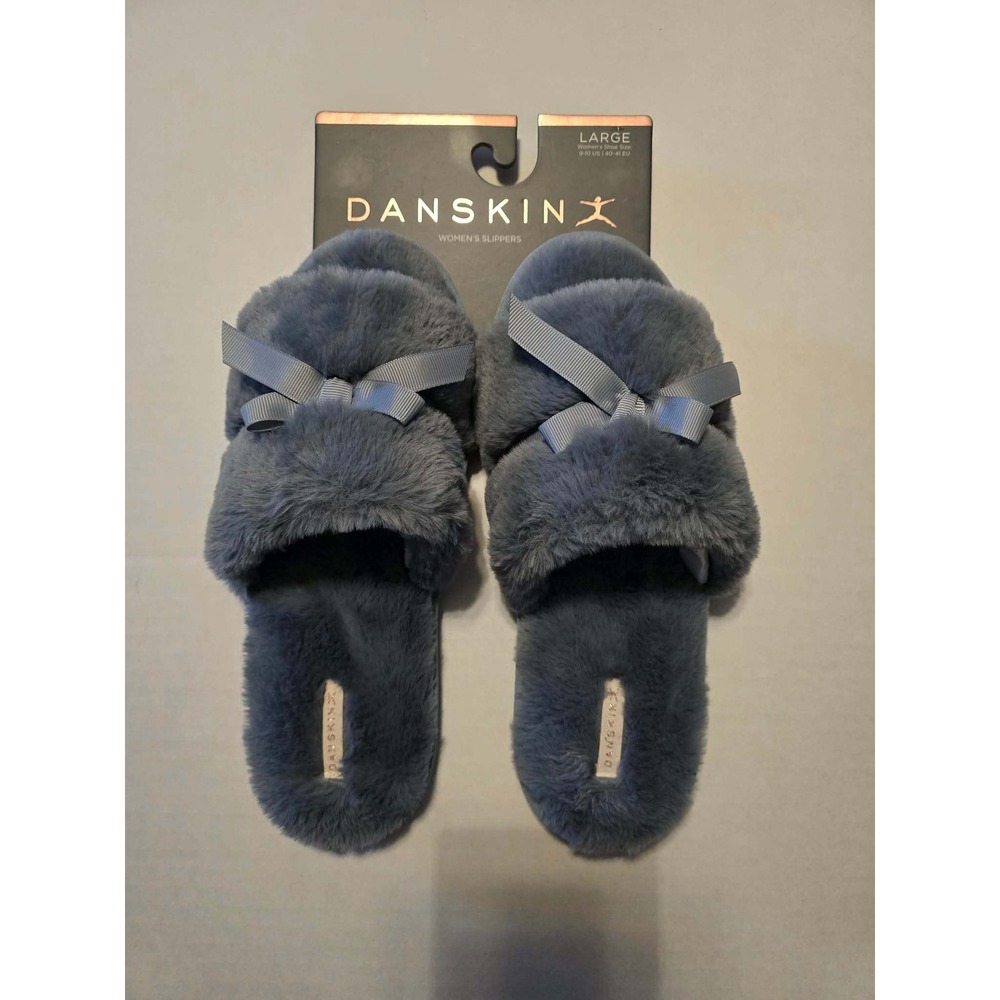 Danskin Womens Faux Fur Slide Slippers Blue Memory Foam Bow Indoor Outdoor L9-10
